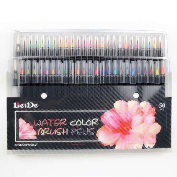 100% Nontoxic 50PC Water Brush Pens with Flexible Brush Tips Professional Watercolor Pens for Painting, Drawing, Coloring